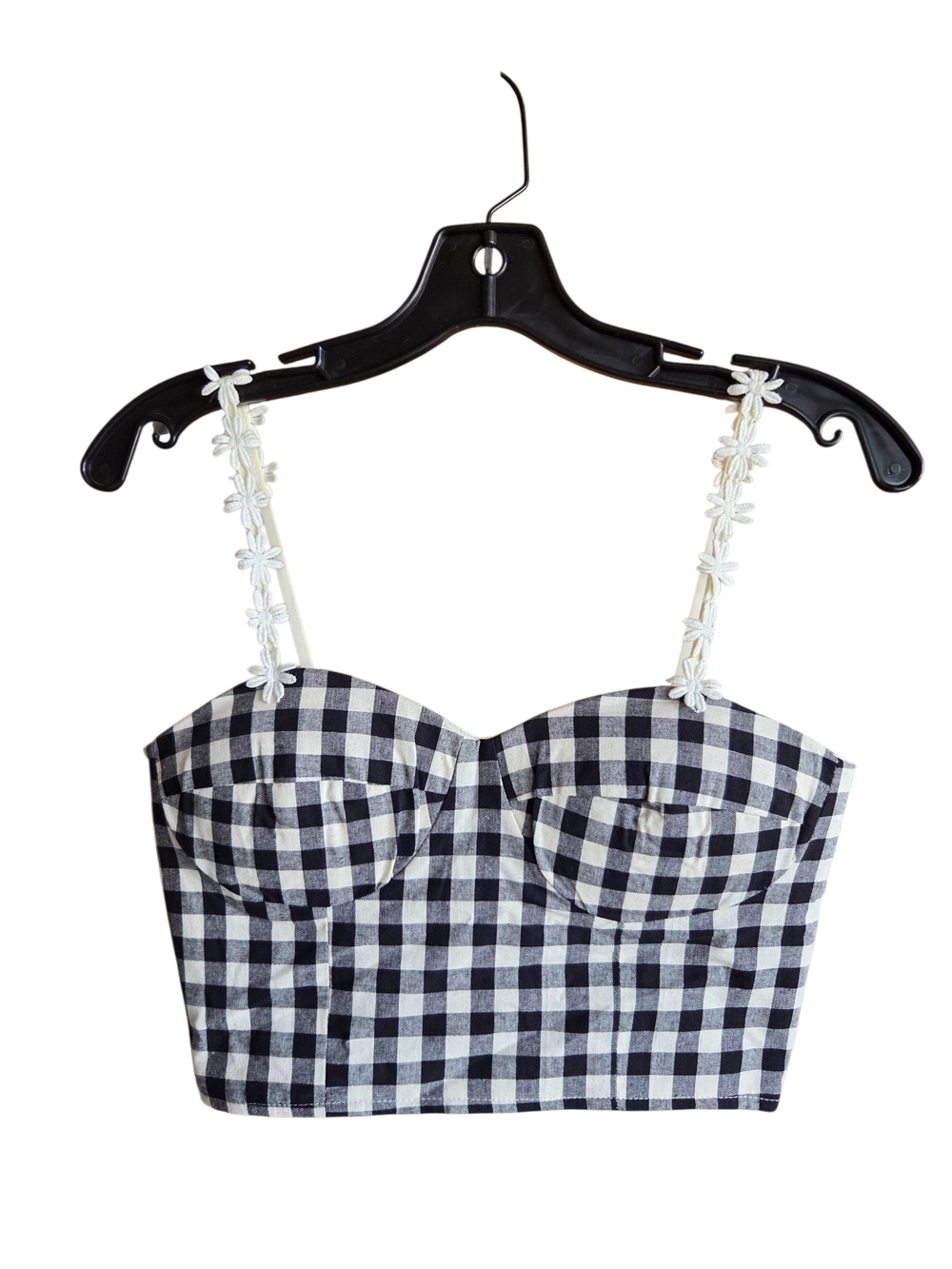 Retro Gingham Bustier Crop Top with Floral Straps - White/Black